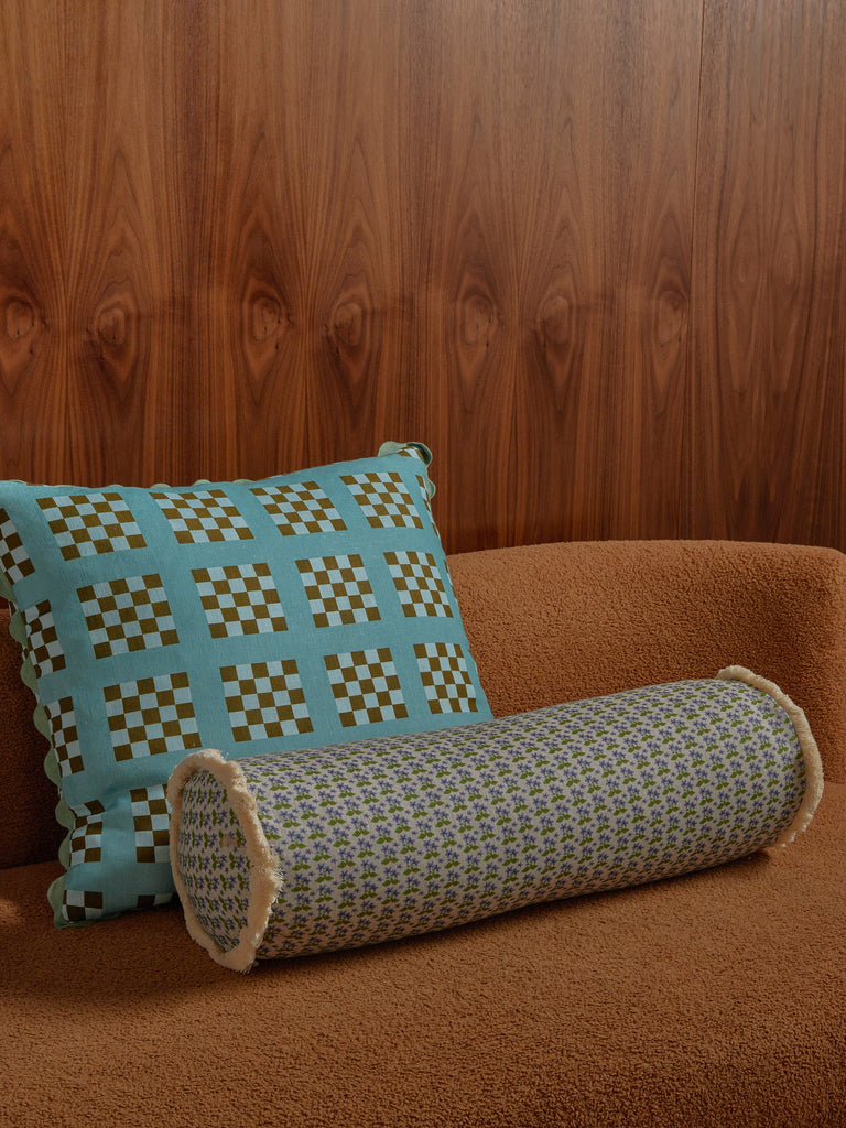 Lattice Blue 60cm Cushion styled