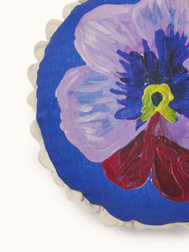 Pansy Klein Blue 45cm Round Cushion styled living room