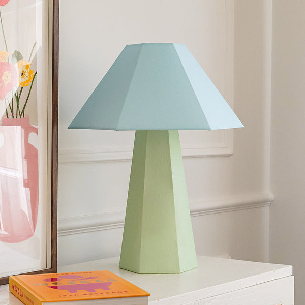 jumbled Paola and joy Blake table lamp hexagonal linen warm light glow glacial mint green blue home styling fun bright new australia jumbledonline