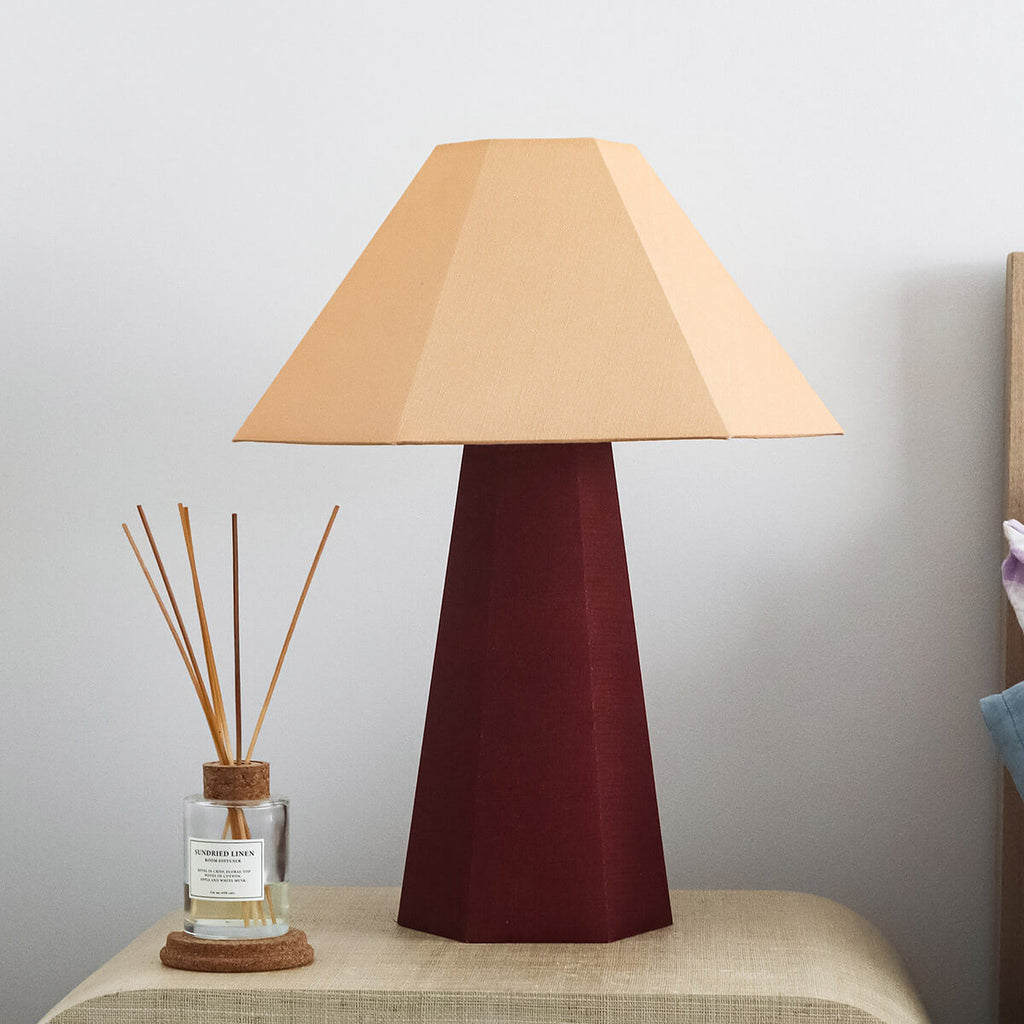 jumbled paola and joy Blake table lamp toffee beige brown linen fabric warm light glow lounge living bedroom home styling hexagonal design new australia jumbledonline