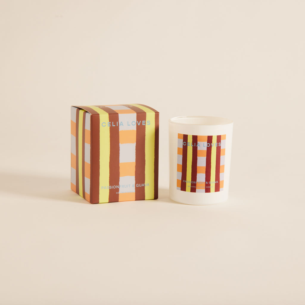 jumbled Celia Loves candle passionfruit guava brown yellow orange blue under $50 glass australia hand poured Geelong gift jumbledonline mothers day birthday present fruity burn time 