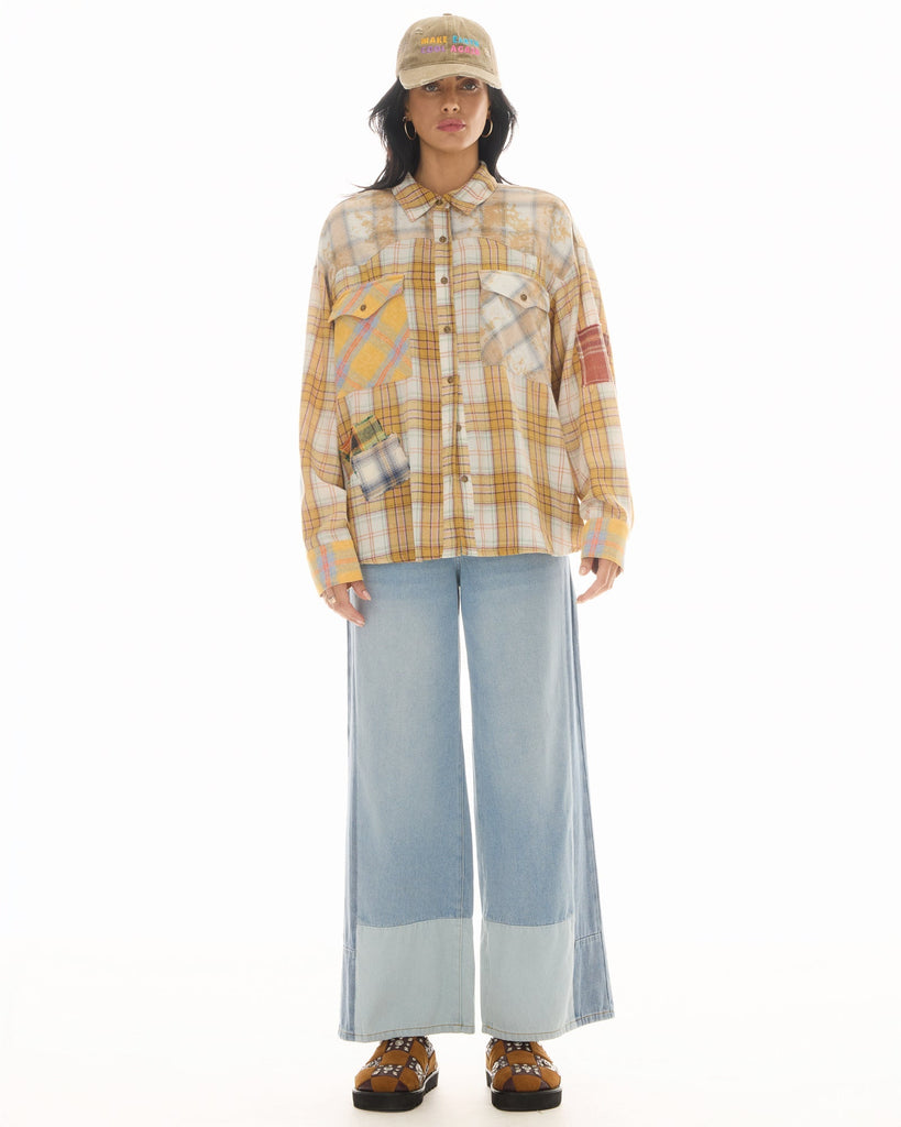 Patched Up Yellow Flannel Western Shirt