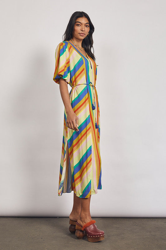 jumbled bohemian traders puff sleeve midi dress rainbow stripe sunrise short sleeve summer dress kaftan bright blue yellow red women fashion australia jumbledonline v neck tie belt