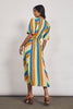 jumbled bohemian traders puff sleeve midi dress rainbow stripe sunrise short sleeve summer dress kaftan bright blue yellow red women fashion australia jumbledonline v neck tie belt