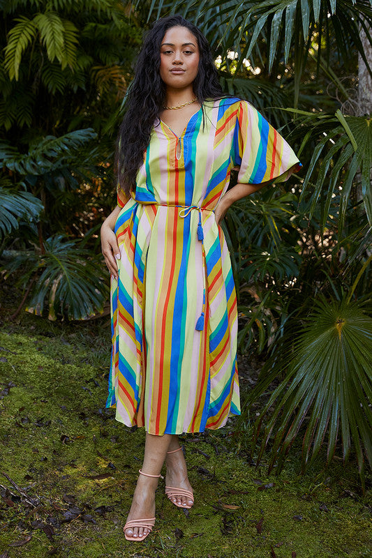 jumbled bohemian traders puff sleeve midi dress rainbow stripe sunrise short sleeve summer dress kaftan bright blue yellow red women fashion australia jumbledonline v neck tie belt