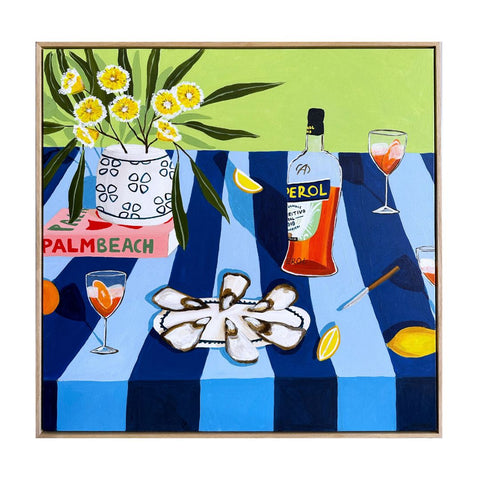 jumbled jo Tilker art Artist summer daze aperol for two tablescape original art still life bright blue green oysters spritz bar framed canvas oak australian Brisbane affordable art fair jumbledonline