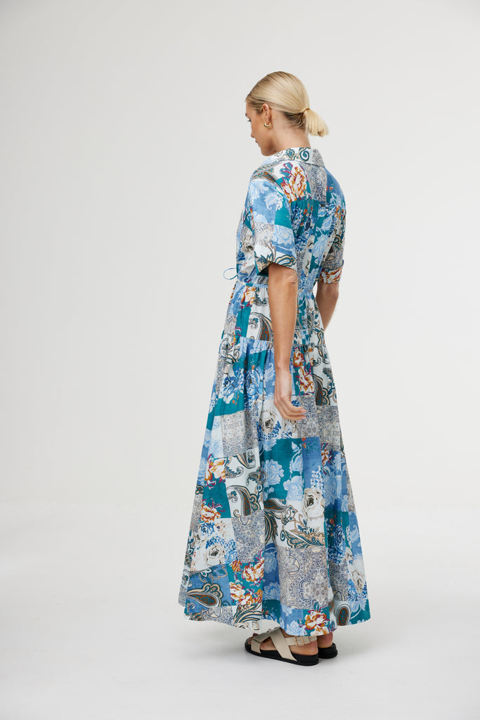 jumbled kinney Maeve maxi shirt dress cyan patchwork blue floral paisley long short sleeve collar button front fabric belt tie pockets summer resort womens fashion australia jumbledonline