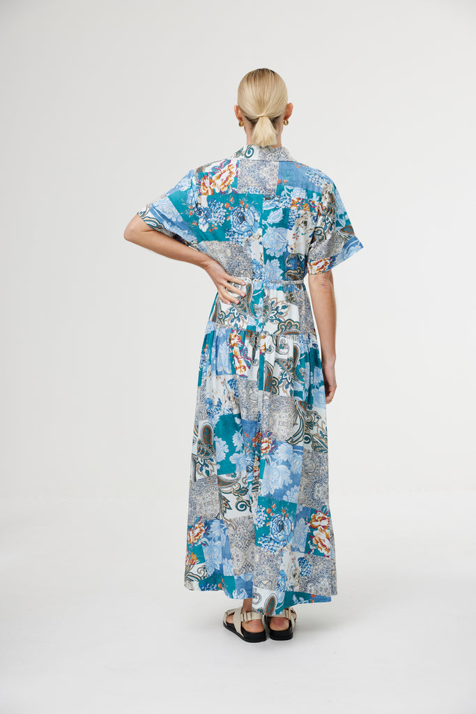 jumbled kinney Maeve maxi shirt dress cyan patchwork blue floral paisley long short sleeve collar button front fabric belt tie pockets summer resort womens fashion australia jumbledonline