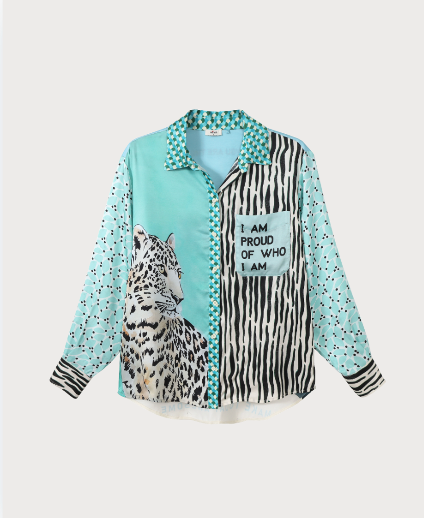 jumbled me369 bright fun womens fashion australia Isabella printed shirt safari leopard blue aqua turquoise black white silk matching set palm tree jumbledonline