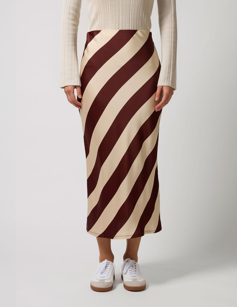 jumbled stella and gemma liv skirt merlot stripe maroon Burgundy beige bias cut winter womens fashion australia maxi silk jumbledonline