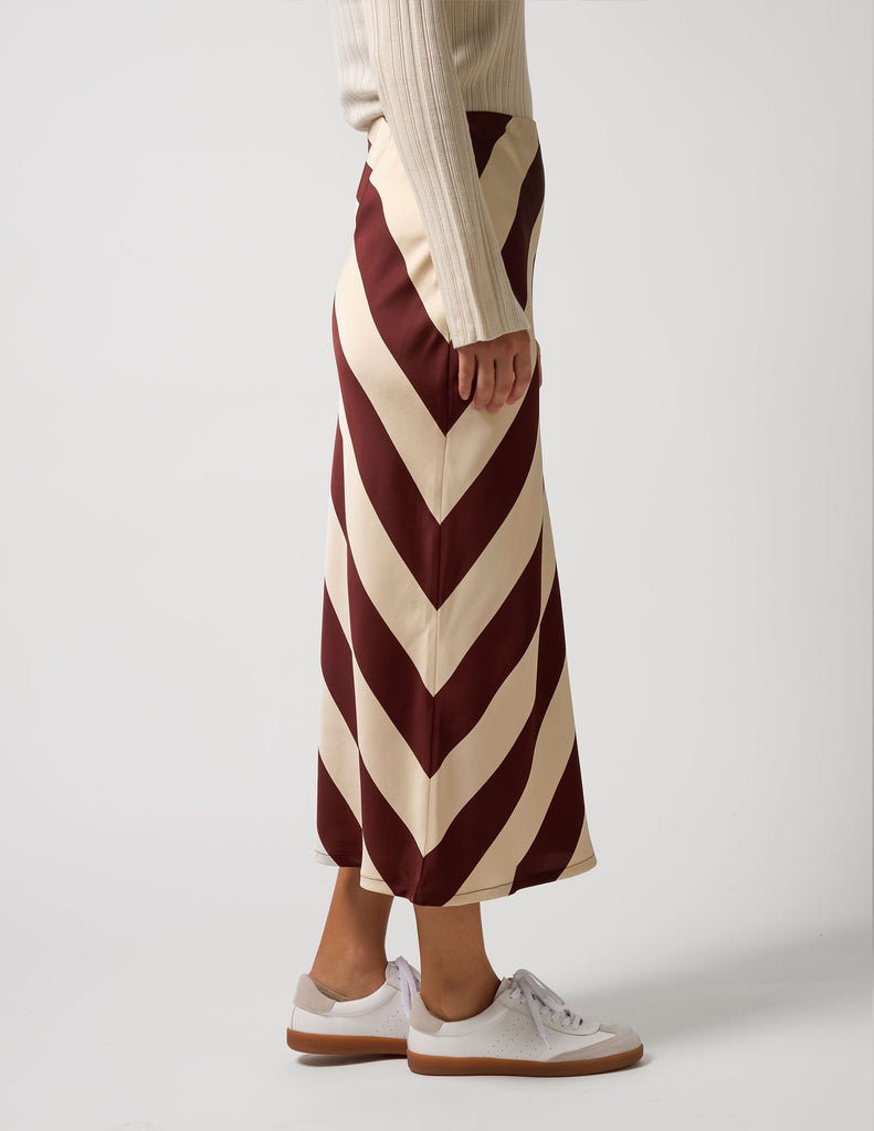 jumbled stella and gemma liv skirt merlot stripe maroon Burgundy beige bias cut winter womens fashion australia maxi silk jumbledonline