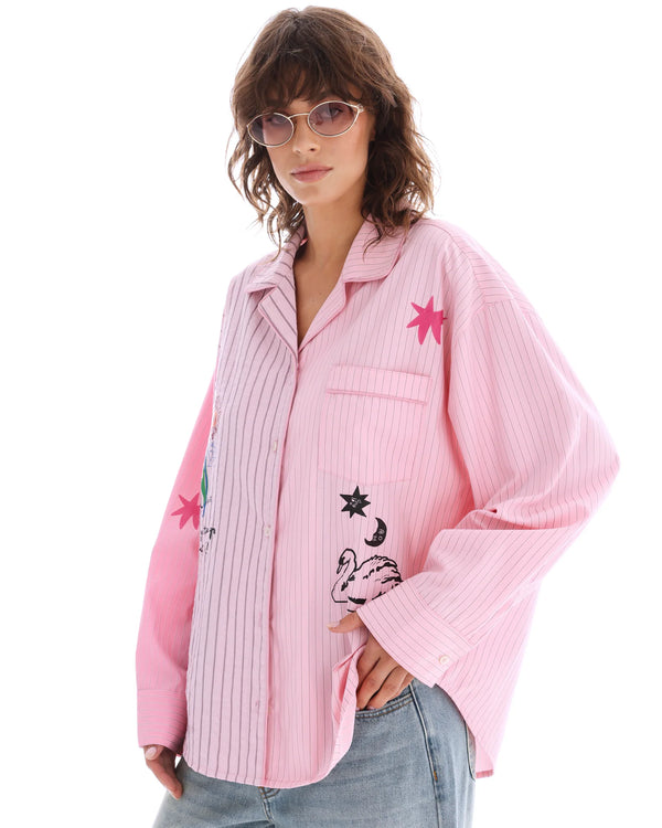 jumbled the tales lucky club shirt womens stripe pink collar button up star swan four leaf clover fun bright fashion australia orange nsw collaboration oversized cuff relaxed front pocket weekend wear workwear 