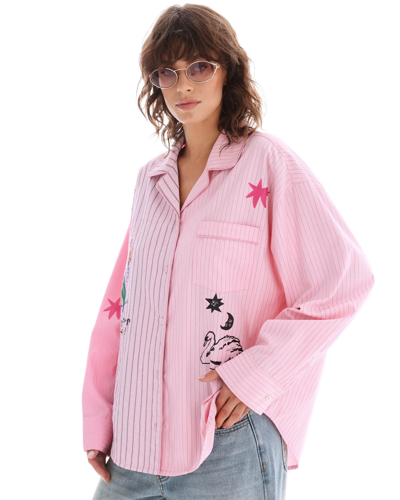 jumbled the tales lucky club shirt womens stripe pink collar button up star swan four leaf clover fun bright fashion australia orange nsw collaboration oversized cuff relaxed front pocket weekend wear workwear 