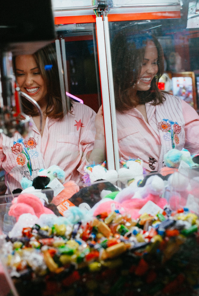 jumbled the tales lucky club shirt womens stripe pink collar button up star swan four leaf clover fun bright fashion australia orange nsw collaboration oversized cuff relaxed front pocket weekend wear workwear tenpin bowling pool cowboy denim jeans boots night out heart love red flowers 