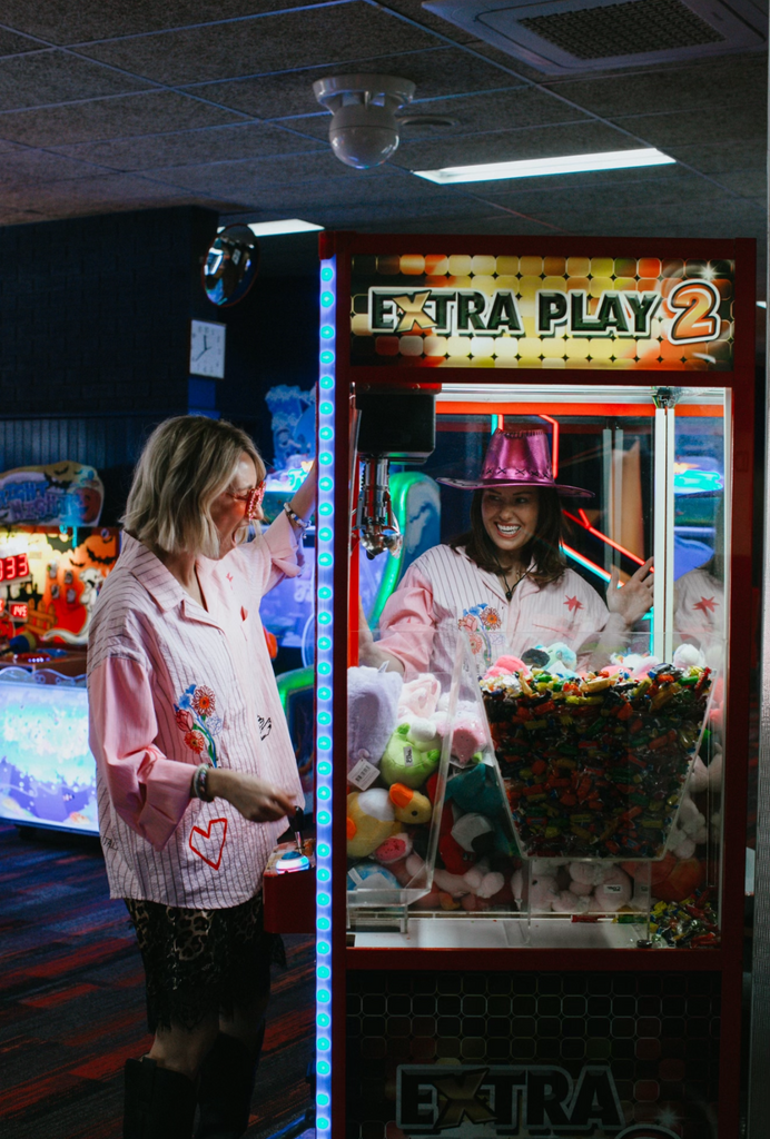 jumbled the tales lucky club shirt womens stripe pink collar button up star swan four leaf clover fun bright fashion australia orange nsw collaboration oversized cuff relaxed front pocket weekend wear workwear tenpin bowling pool cowboy denim jeans boots night out heart love red flowers 