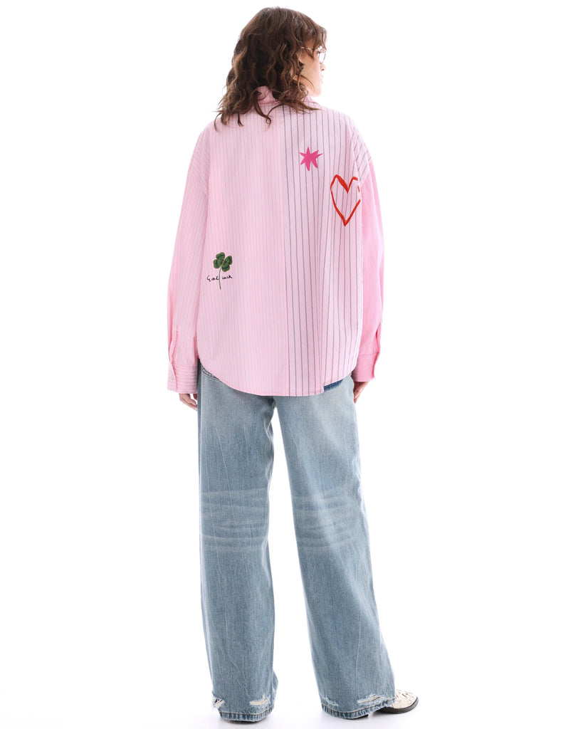jumbled the tales lucky club shirt womens stripe pink collar button up star swan four leaf clover fun bright fashion australia orange nsw collaboration oversized cuff relaxed front pocket weekend wear workwear tenpin bowling pool cowboy denim jeans boots night out heart love red flowers 