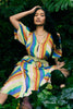 jumbled bohemian traders puff sleeve midi dress rainbow stripe sunrise short sleeve summer dress kaftan bright blue yellow red women fashion australia jumbledonline v neck tie belt