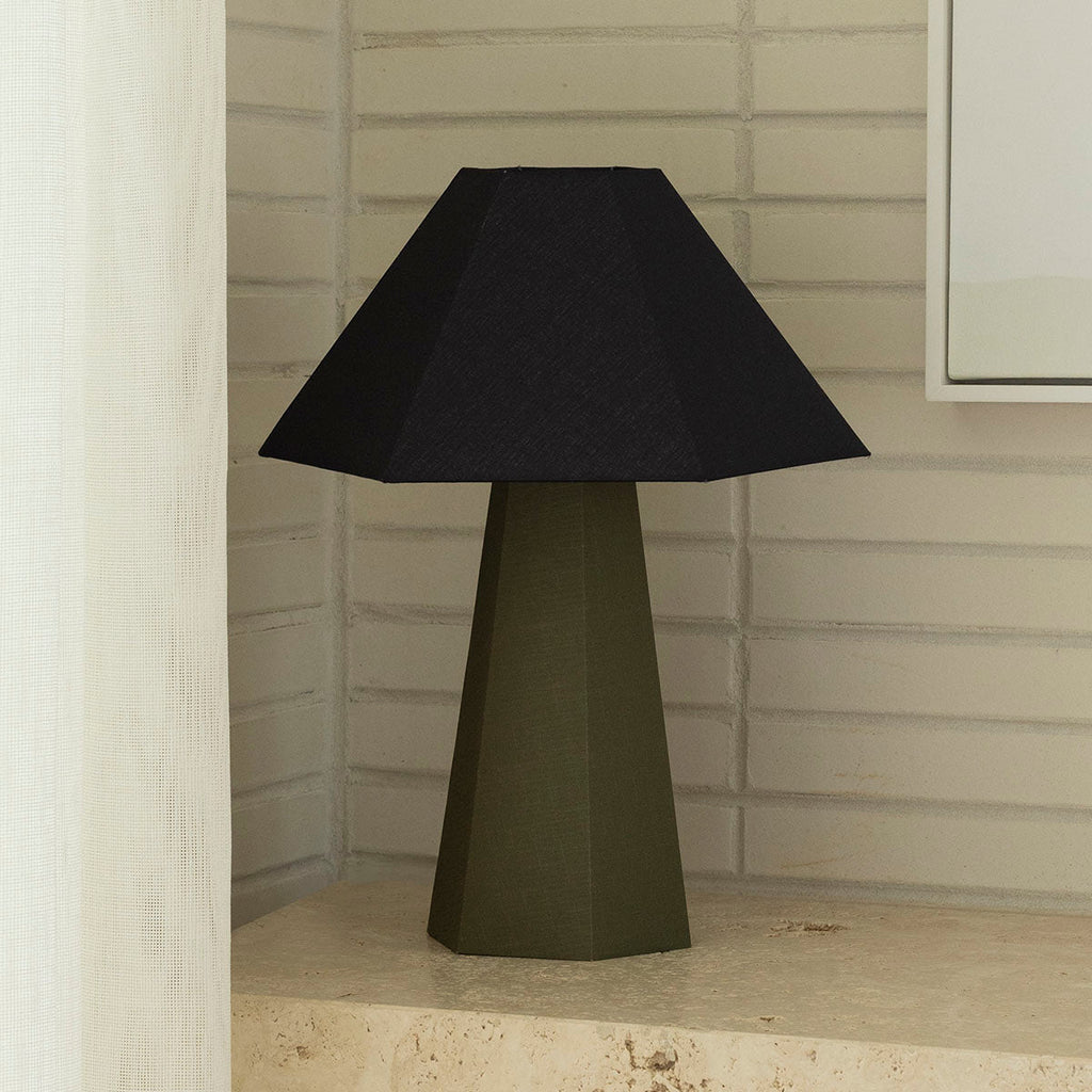 jumbled Paola and joy Blake table lamp noir olive black green linen home decor hexagonal soft warm light decor home styling australia new jumbledonline