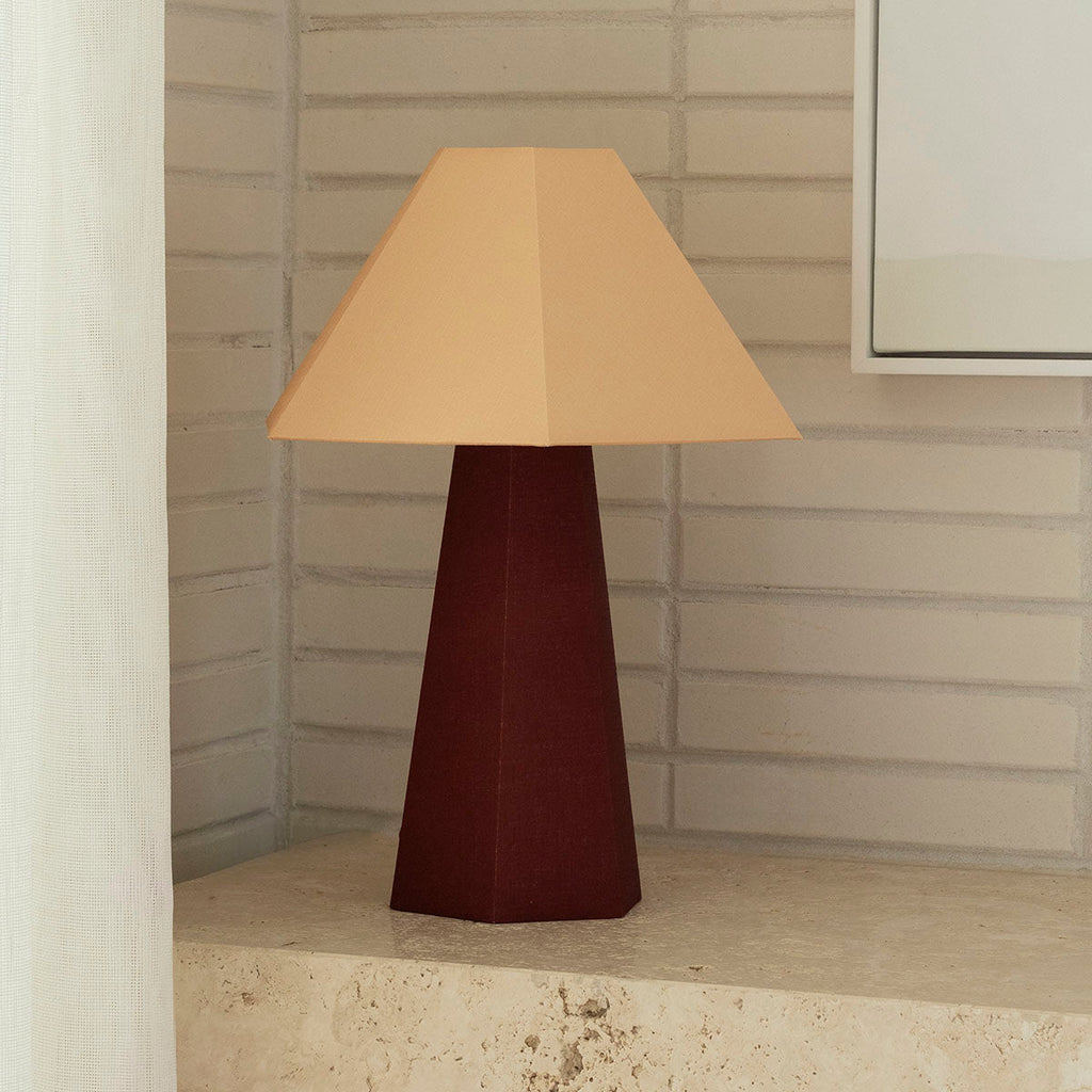 jumbled paola and joy Blake table lamp toffee beige brown linen fabric warm light glow lounge living bedroom home styling hexagonal design new australia jumbledonline