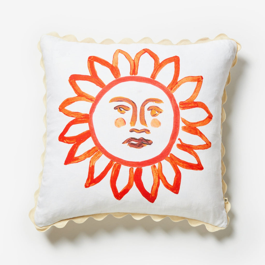 jumbled online x bonnie and neil here comes the sun cushion collaboration. A beautiful hand painted red sun, on a feather filled linen cushion.