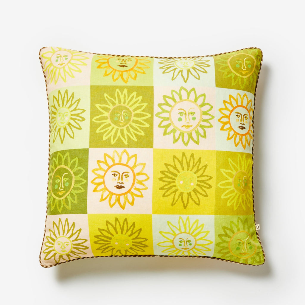 jumbled online x bonnie and neil here comes the sun cushion collaboration. A beautiful hand painted face checker board, on a feather filled linen cushion.