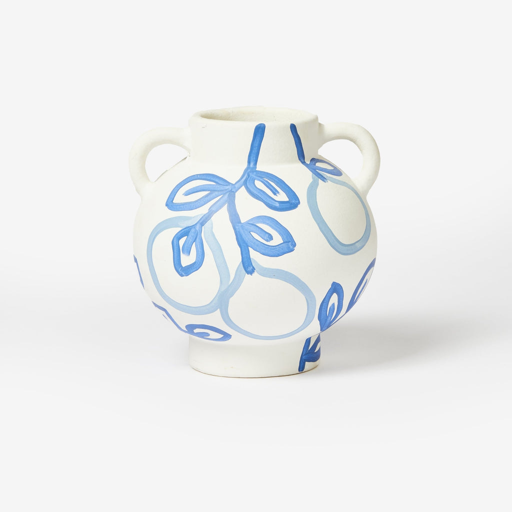 jumbled x bonnie and neil short round ceramic vase. Hand painted lemon on a branch design, in yves klein blue.